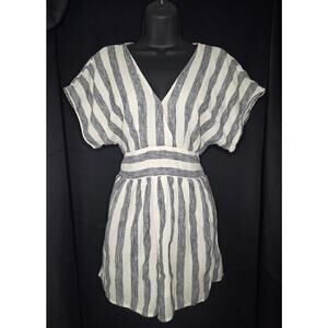American Eagle Striped V-Neck Wrap Linen Romper Effortless - Grey White - EUC XS